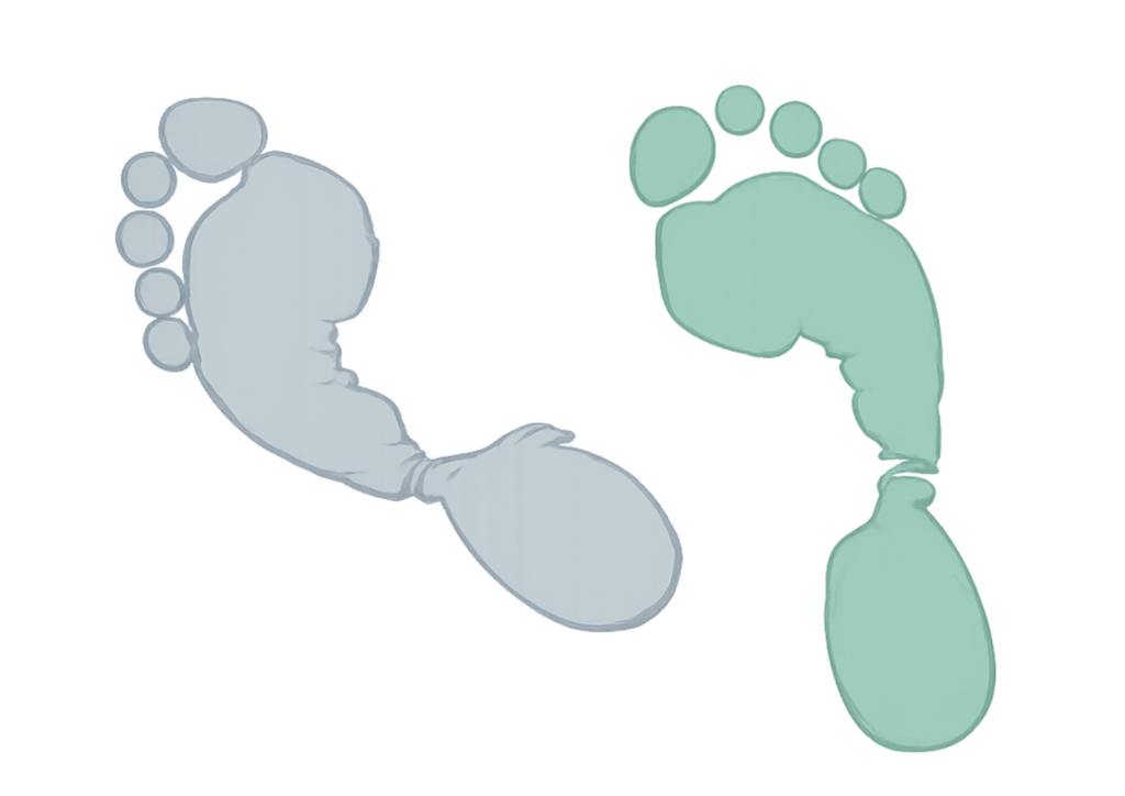 Empreintes de pieds bleu gris et vert menthe côte à côte, symbole de comparaison ou de choix
