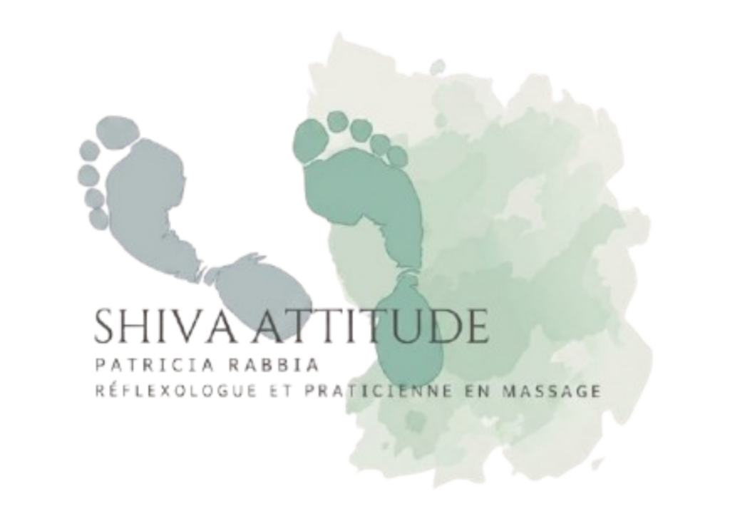 Logo Shiva Attitude avec empreintes de pieds stylisées en vert et gris, réflexologue et praticienne en massage Patricia