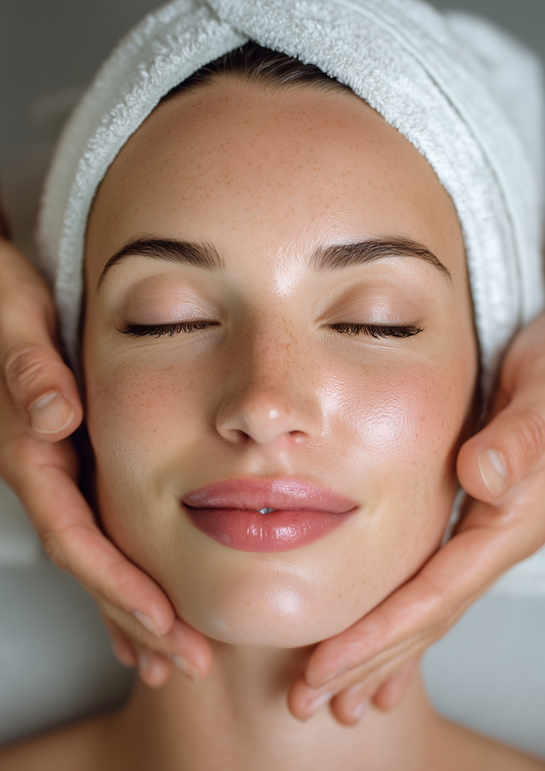 Femme en serviette blanche recevant un massage facial relaxant du visage et des tempes